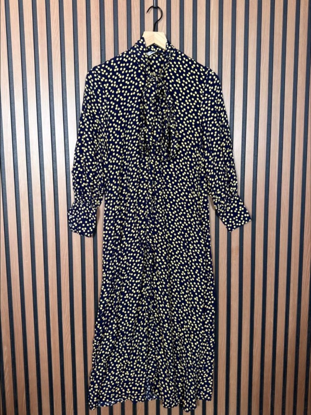 Zara Dress XS Womens Blue Yellow Polka Dot Long Sleeve Ruffled Button Up